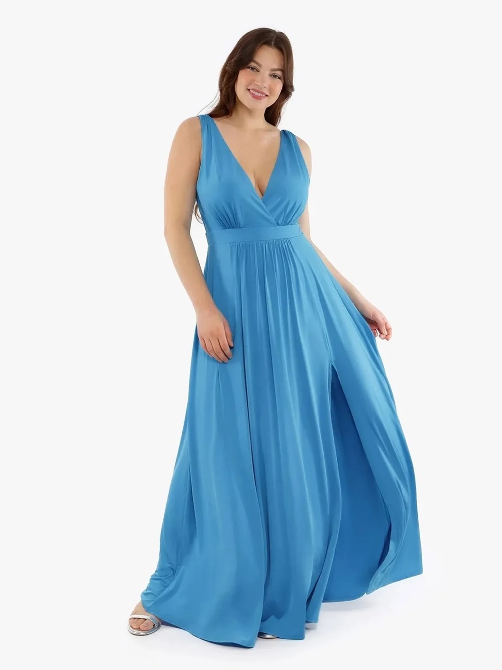 NWT Popilush XXL Blue Shapewear Deep V-Neck Front Slit Goddess Maxi Dress
